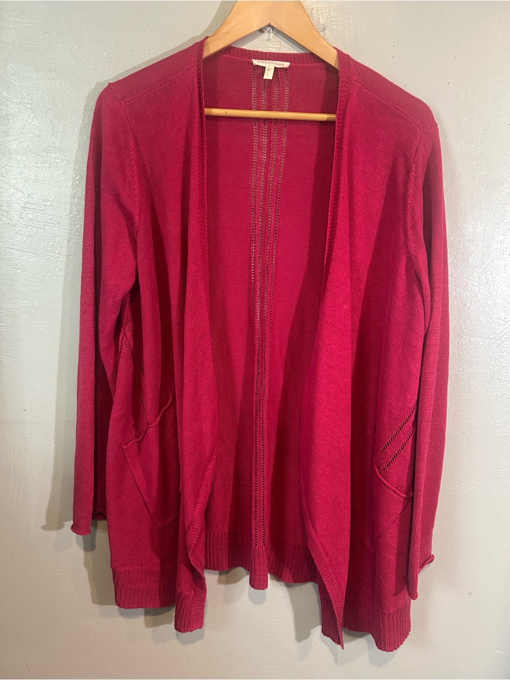 Eileen Fisher Open-Front Raspberry-Red Knit Cardigan 100% Linen